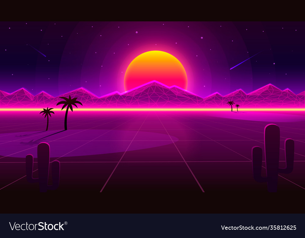 Retro wave Desert neon cover with oasis and palm trees. Nature background. Vector - Retro wave Desert neon cover with oasis and palm trees. Nature background. Vector illustration